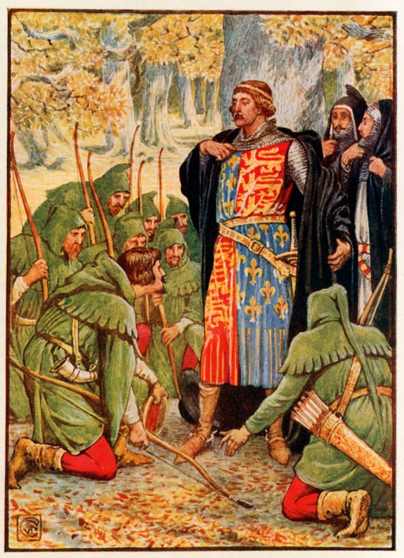 Robin Hood miehineen polvistuu kuninkaan eteen tekijältä Walter Crane