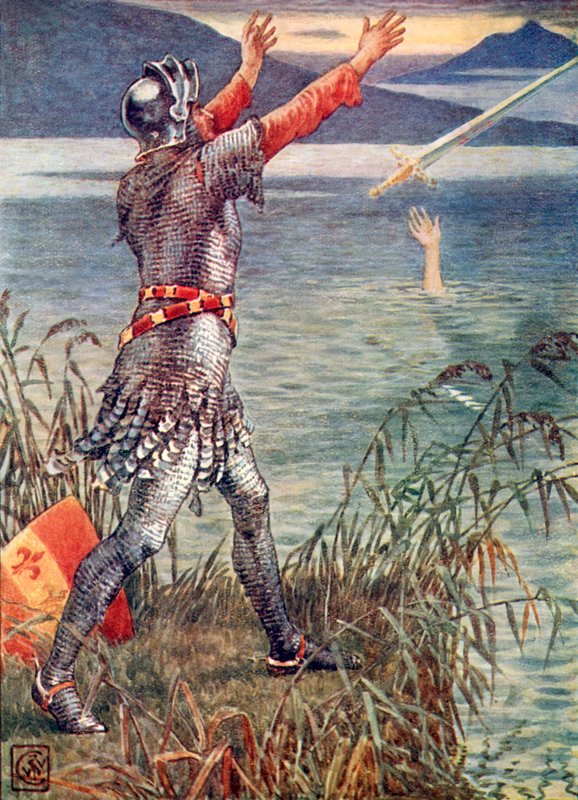Sir Bedevere heittää miekan Excalibur järveen... tekijältä Walter Crane