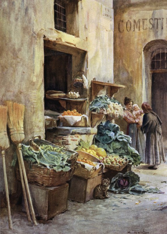 Vihreäkauppa, Italian Riviera (väri litho) tekijältä Walter Frederick Roofe Tyndale