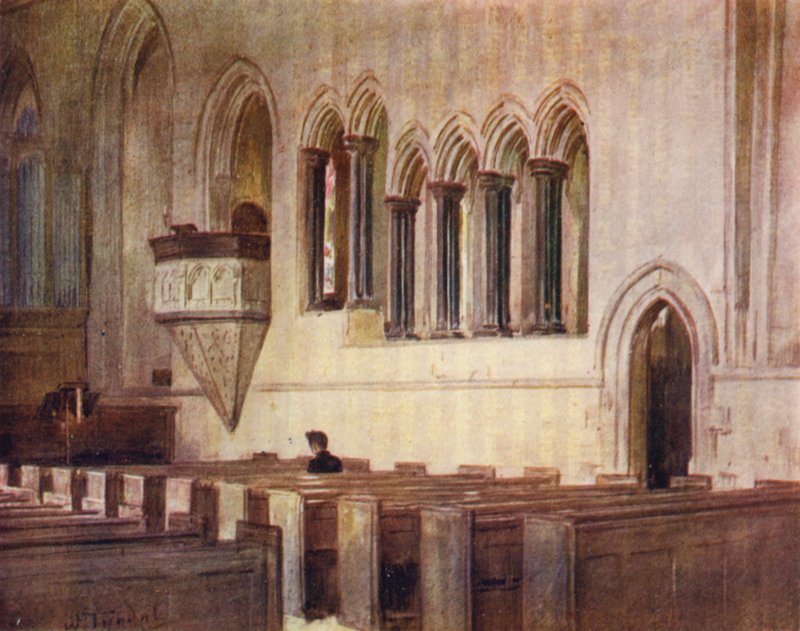 Uusi metsä: Beaulieun kirkko, entinen Beaulieu Abbeyn ruokasali (väri litho) tekijältä Walter Frederick Roofe Tyndale