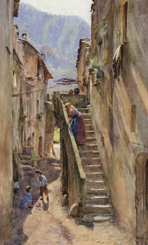 Vicolo del Ponte, Villa Nuova Di Albenga, Italia (väri litho) tekijältä Walter Frederick Roofe Tyndale