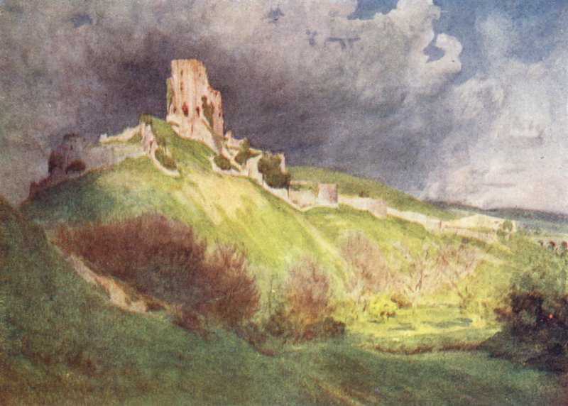 Wessex: Corfe Castle, The Hand of Ethelberta -teoksen "Corvesgate Castle" (värilitro). tekijältä Walter Frederick Roofe Tyndale