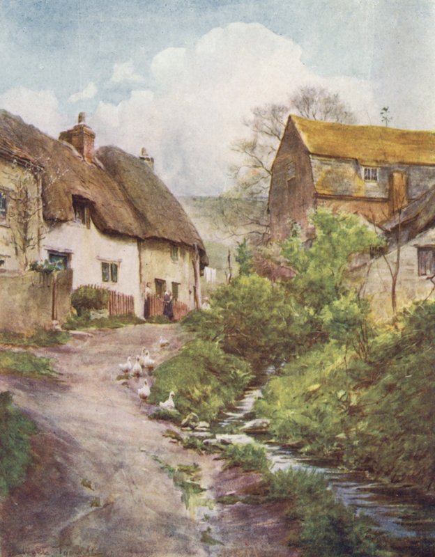 Wessex: Sutton Poyntzin myllymökit, lähellä Weymouthia (värilitro). tekijältä Walter Frederick Roofe Tyndale