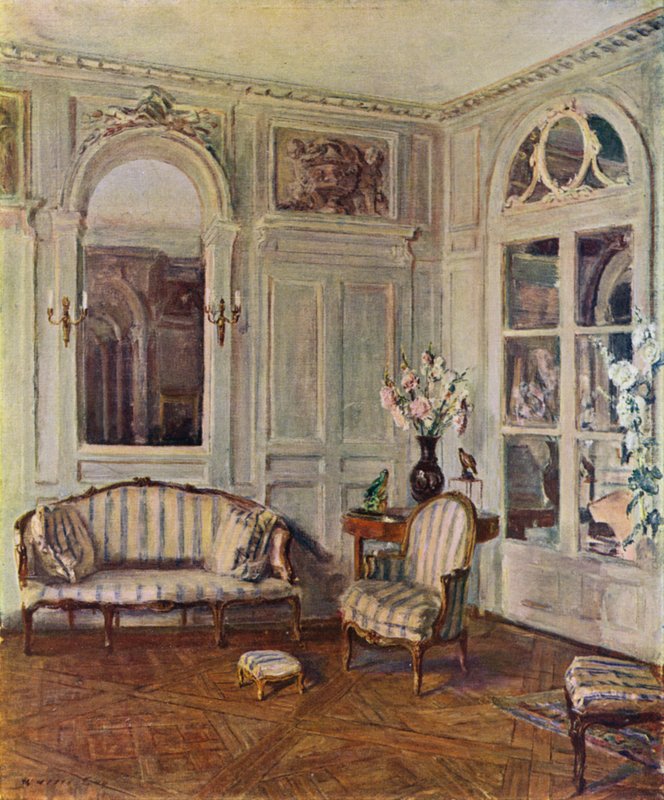 Valkoinen salonki St Bricessä, Ranska, Edith Whartonin talo, Louis XVI -tyyli, noin 1760-70 (Color Litho) tekijältä Walter Gay
