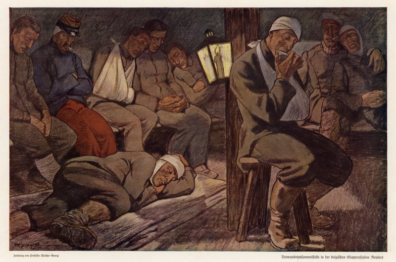 Haavoittuneet sotilaat onnettomuuksien raivausasemalla Roulersissa, Belgiassa, ensimmäinen maailmansota (väri litho) tekijältä Walter Georgi
