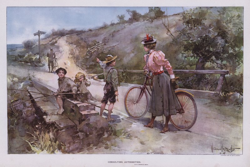Neuvotteluviranomaiset: nainen pyöräilemään ja kysyy ryhmältä lapsia ohjeita (väri litho) tekijältä Walter Granville Smith