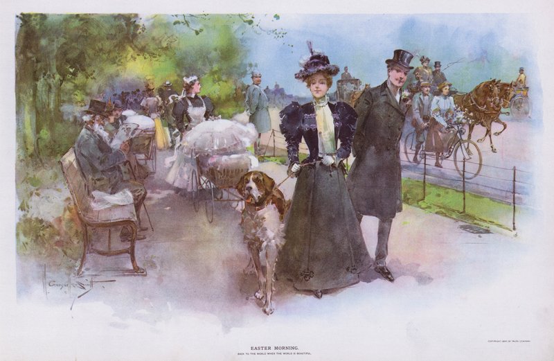 Pääsiäisaamu: nainen kävelee lemmikkikoiran kanssa (väri litho) tekijältä Walter Granville Smith