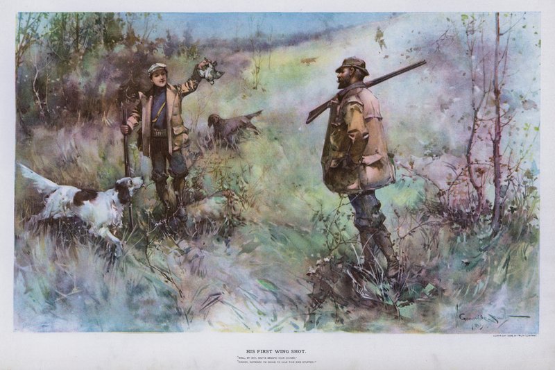 Hänen ensimmäinen siipilaukauksensa: metsästyskohtaus (värilitho) tekijältä Walter Granville Smith