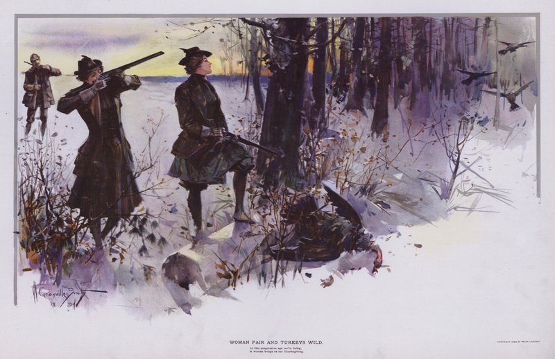 Woman Fair ja Turkeys Wild: villikalkkunan metsästys (väri litho) tekijältä Walter Granville Smith