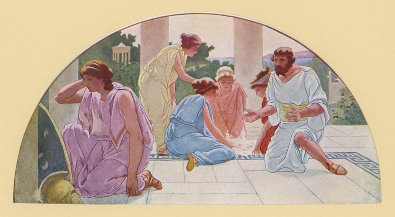 Odysseus löysi Akilleen koulutytöksi naamioituneena (värilitografia). tekijältä Walter MacEwen