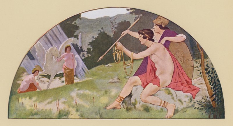 Bellerophon saa Minervalta siivekkään hevosen Pegasoksen (värilitografia). tekijältä Walter MacEwen