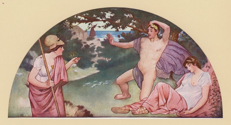 Theseus hylkää nukkuvan Ariadnen Minervan käskystä (värilitografia). tekijältä Walter MacEwen