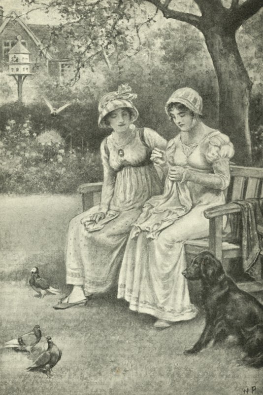 Jane Austen ompelee sisarensa Cassandran kanssa pappilan puutarhassa (litho) tekijältä Walter Paget