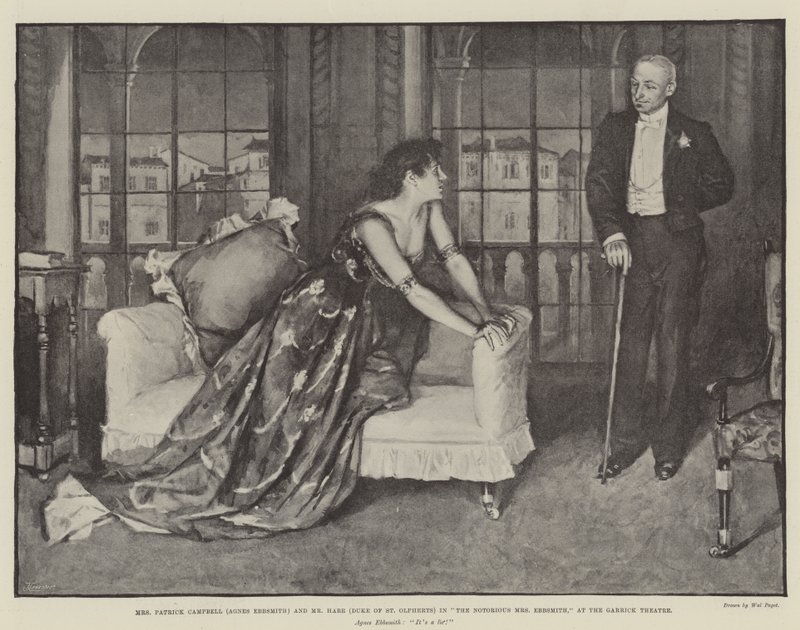 Rouva Patrick Campbell (Agnes Ebbsmith) ja herra Hare (Duke of St Olpherts) elokuvassa The Notorious Mrs Ebbsmith Garrick-teatterissa tekijältä Walter Paget