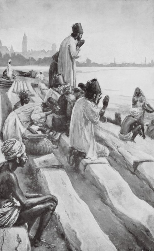 Parseja palvomassa nousevaa aurinkoa Bombayn rannalla (litografia). tekijältä Walter Paget