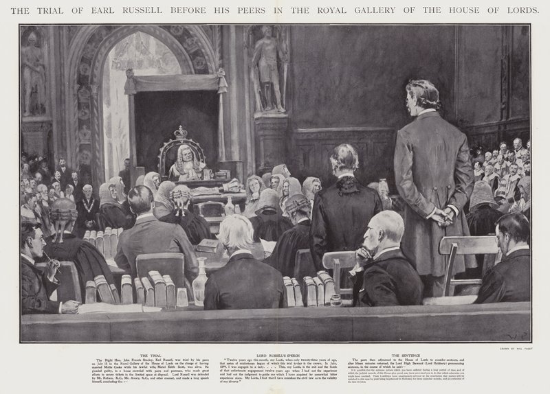 Earl Russellin oikeudenkäynti hänen ikätovereidensa edessä Westminsterin kuninkaallisessa galleriassa (litho) tekijältä Walter Paget