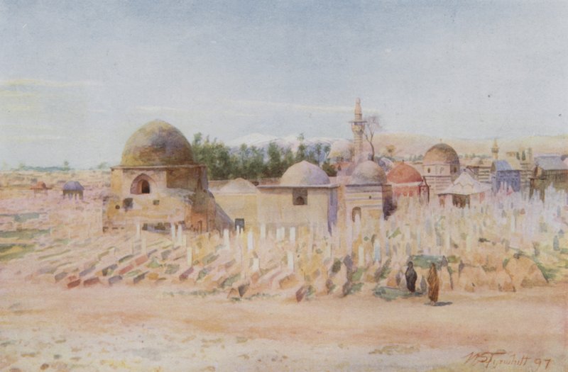 Muslimien hautausmaa ja näkymä Hermon-vuorelle Damaskuksessa tekijältä Walter Spencer Stanhope Tyrwhitt