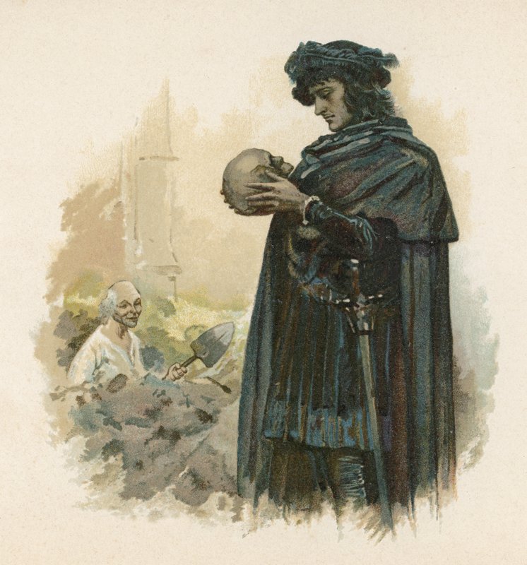 Hamlet, jossa on Yorickin kallo (chromolitho) tekijältä Walter Stanley Paget
