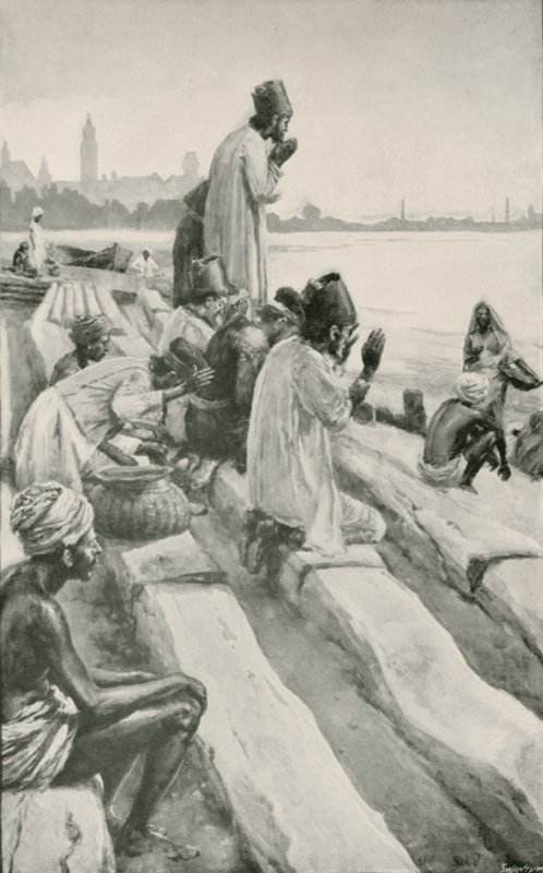 Parseja palvomassa nousevaa aurinkoa Bombayn rannalla tekijältä Walter Stanley Paget
