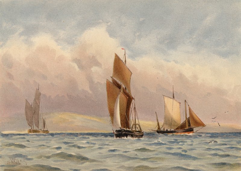 Boulogne Luggers Ranskan rannikon edustalla (värilitografia) tekijältä Walter William May