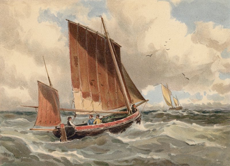 Ranskalainen Lugger seisoo merellä (värilitografia). tekijältä Walter William May