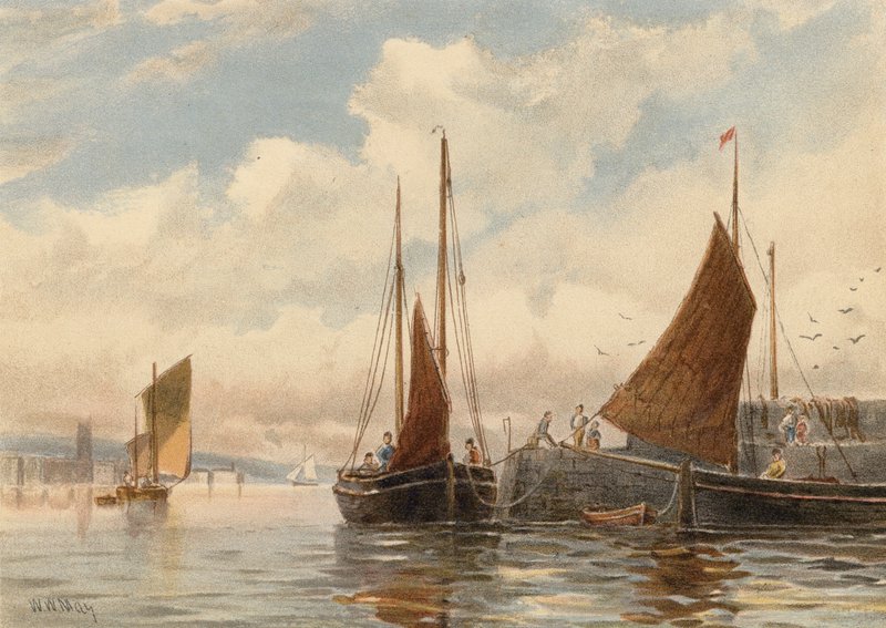 Penzance Luggers Newlynissä (värilitografia) tekijältä Walter William May