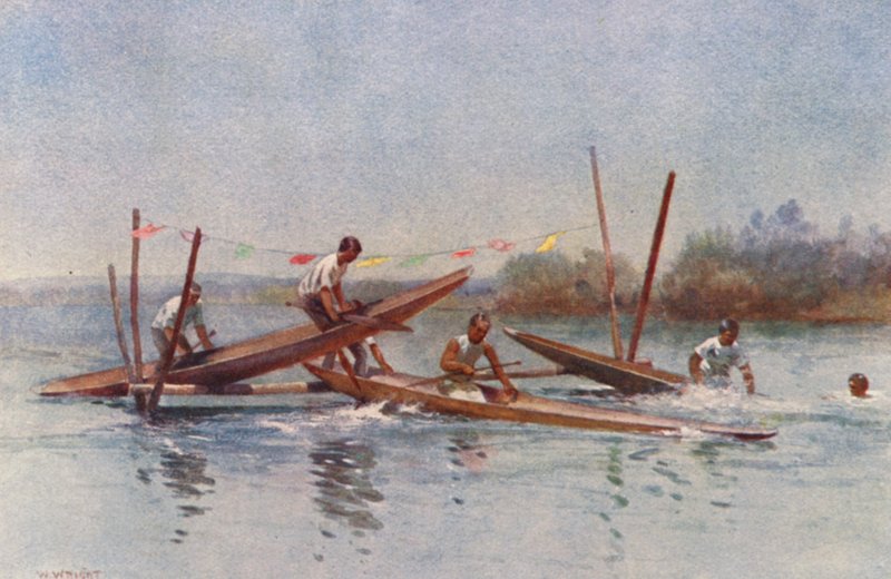 Uusi-Seelanti: Kanootti Hurdle Race (värillinen litografia): Canoe Hurdle Race (värillinen litografia) tekijältä Walter Wright