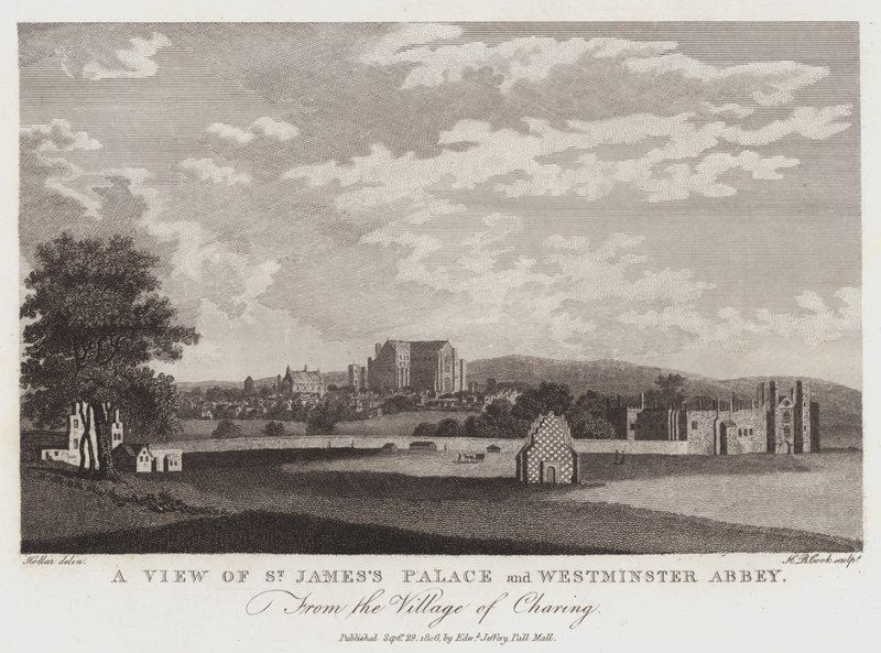 Näkymä St Jamesin palatsille ja Westminster Abbeylle Charingin kylästä tekijältä Wenceslaus Hollar