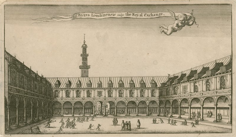 Lontoon kuninkaallisen pörssin sisätilat tekijältä Wenceslaus Hollar