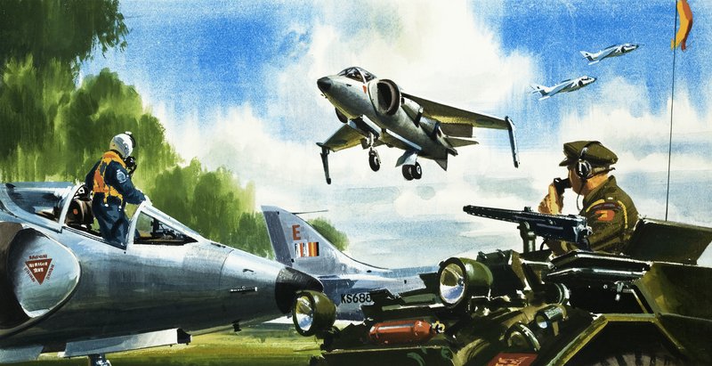 Katso -- ei kiitotietä. Lentokoneiden viimeisin kehitys. Harrier-hyppysuihkukone tekijältä Wilf (20th century) Hardy