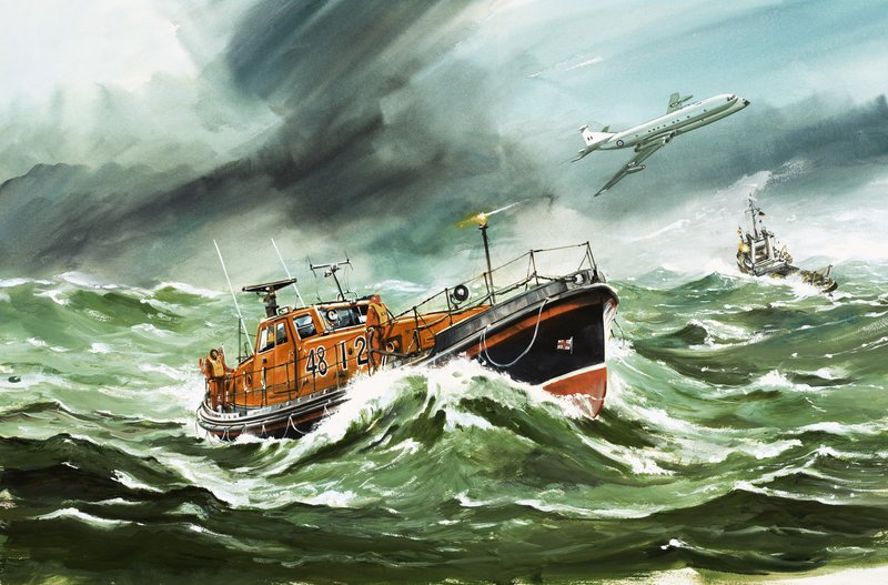 15-metrinen RNLI:n Oakley-pelastusvenesatama matkalla vaikeuksissa olevalle alukselle. tekijältä Wilf (20th century) Hardy