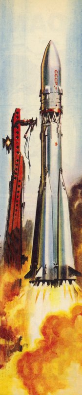 Vostok 6 lentoonlähdössä (värilitografia) tekijältä Wilf (20th century) Hardy