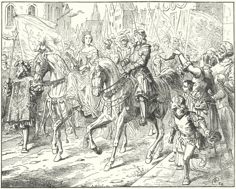 Arkkiherttua Maximilian, tuleva Pyhän Rooman keisari Maximilian I morsiamensa, Burgundin Marian, kanssa Gentissä tekijältä Wilhelm Camphausen