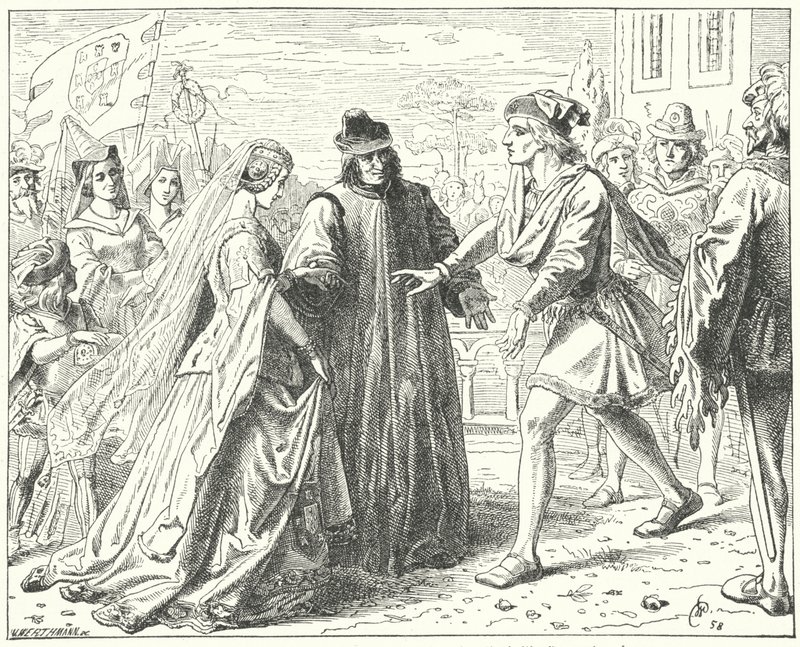 Pyhän Rooman keisari Fredrik III tapasi morsiamensa, Portugalin Eleanorin, Sienassa tekijältä Wilhelm Camphausen
