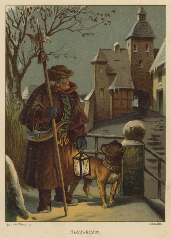 Nightwatchman (väri litho) tekijältä Wilhelm Ludwig Heinrich Claudius