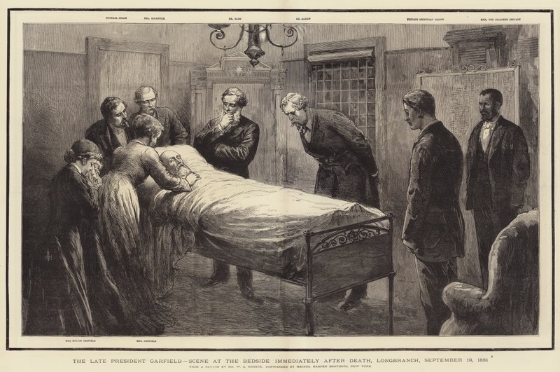 Edesmennyt presidentti Garfield, Scene at the Beside välittömästi kuoleman jälkeen, Longbranch, 19. syyskuuta 1881 tekijältä William Allen Rogers