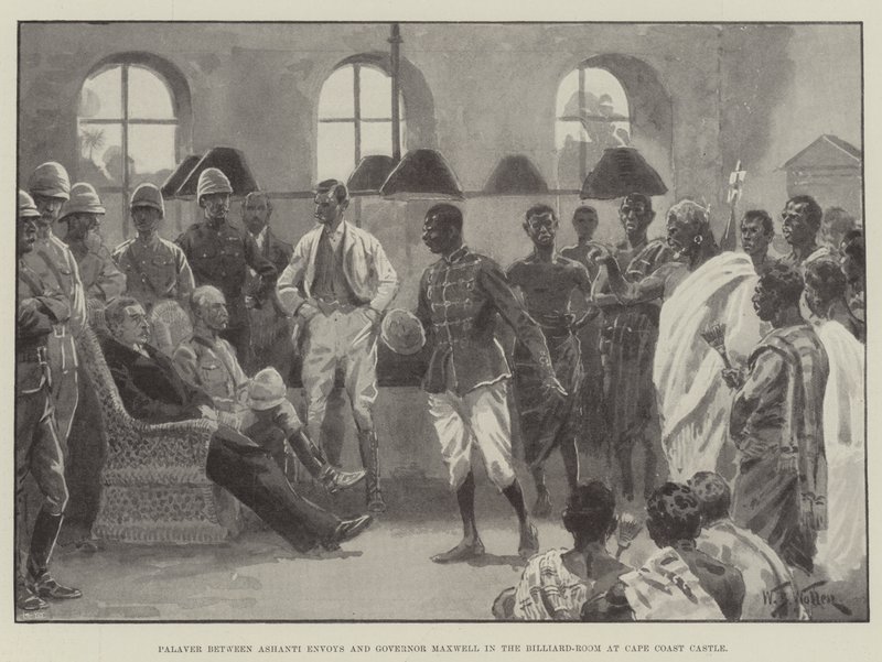 Palaver Ashanti Envoysin ja kuvernööri Maxwellin välillä Cape Coastin linnan biljardihuoneessa tekijältä William Barnes Wollen