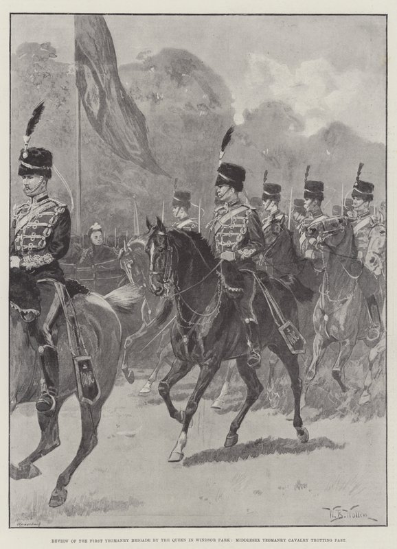 Kuningattaren katsaus ensimmäiseen Yeomanry-prikaatiin Windsor Parkissa, Middlesexissä, ohi ravitseva Yeomanryn ratsuväki tekijältä William Barnes Wollen