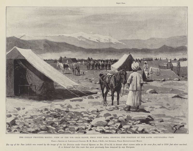 Intian rajan nousu, näkymä Tor Ghar -vuorelle, Fort Barasta, näyttää Saprin (Ghuzdarran) solan sijainnin tekijältä William Barnes Wollen