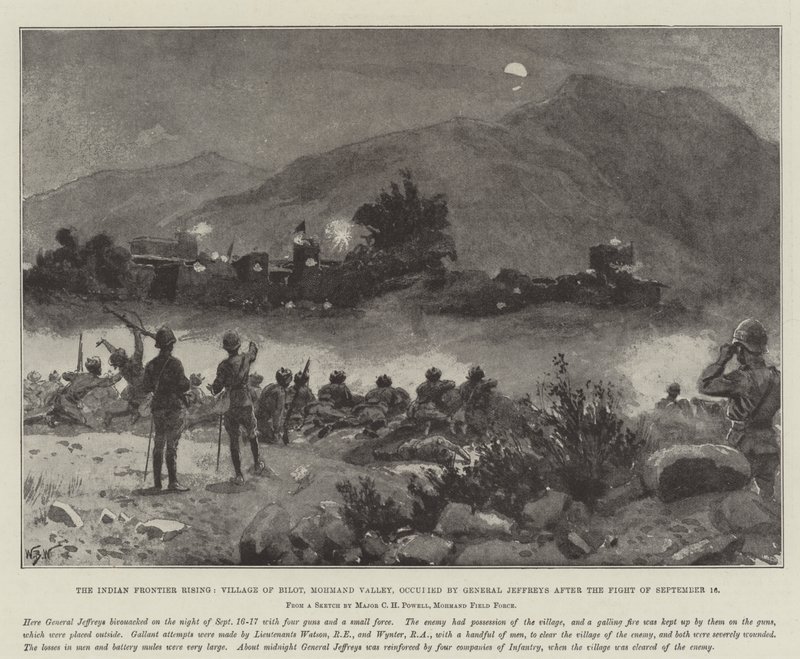Indian Frontier Rising, Bilotin kylä Mohmandin laaksossa, kenraali Jeffreysin miehittämä taistelu 16. syyskuuta tekijältä William Barnes Wollen