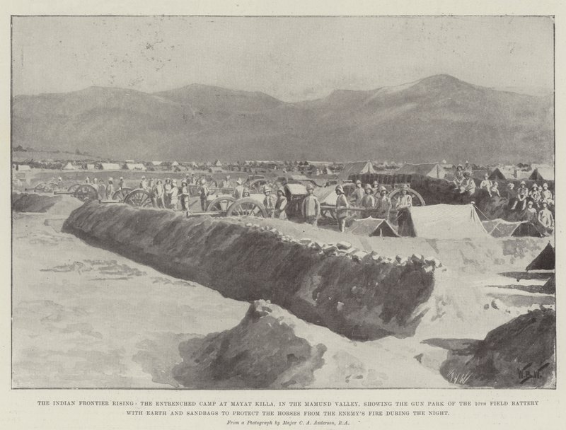 Indian Frontier Rising, Entrenched Camp Mayat Killassa Mamundin laaksossa, jossa näkyy 10. kenttäpatterin asepuisto maapallolla ja hiekkasäkeillä hevosten suojelemiseksi vihollisen tulelta tekijältä William Barnes Wollen