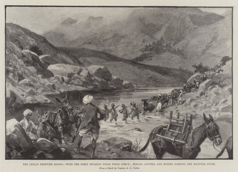 Intian raja nousee, ensimmäisen divisioonan Tirah Field Force -joukot, Bengalin sapöörit ja kaivostyöläiset hyökkäävät Mastura-joella tekijältä William Barnes Wollen