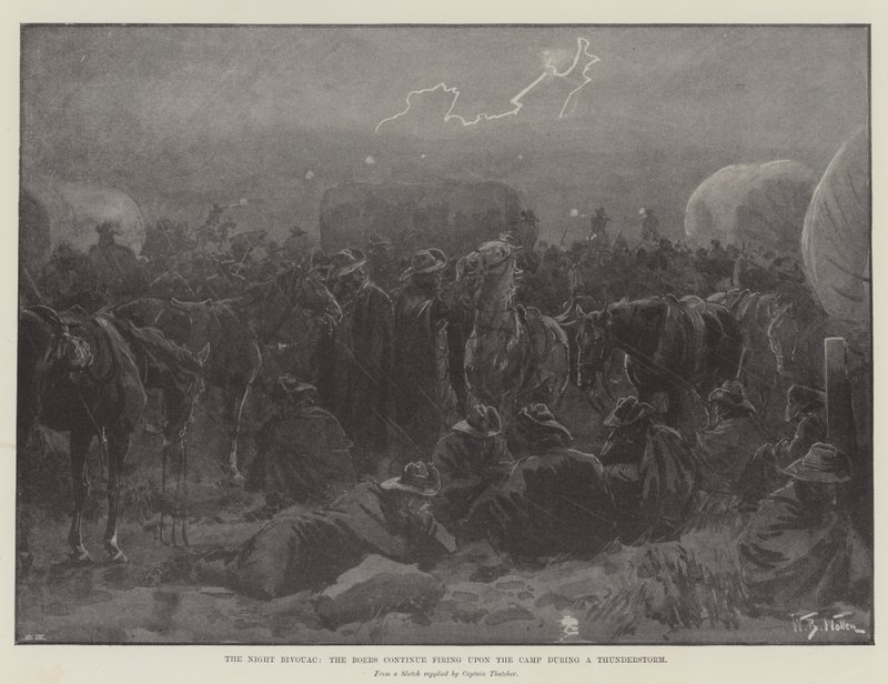 Night Bivouac, buurit jatkavat ampumista leiriin ukkosmyrskyn aikana tekijältä William Barnes Wollen