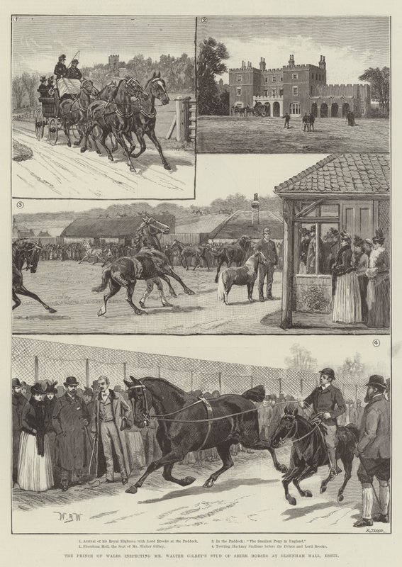 Walesin prinssi tarkastamassa herra Walter Gilbeyn Shire Horses -talon Elsenham Hallissa Essexissä tekijältä William Barnes Wollen