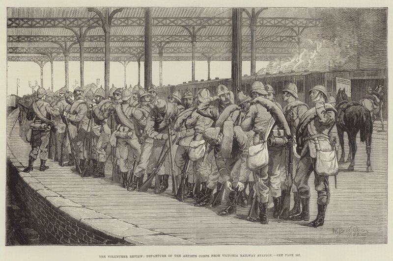 The Volunteer Review, Taiteilijajoukkojen lähtö Victorian rautatieasemalta. tekijältä William Barnes Wollen
