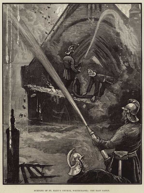 Pyhän Marian kirkon palaminen, Whitechapel, East Gable tekijältä William Bazett Murray