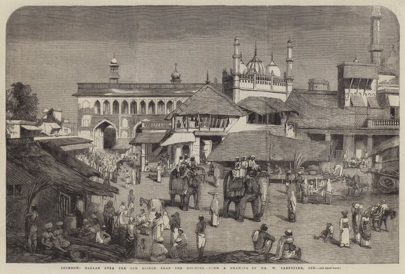 Lucknow, basaari vanhan sillan yli lähellä Goomteetä. tekijältä William Carpenter