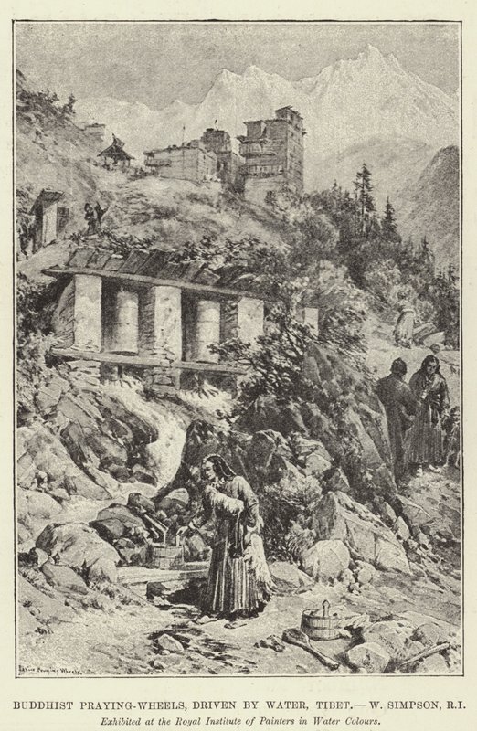 Buddhist Praying-Wheels, ajaa Water, Tiibet tekijältä William Crimea Simpson
