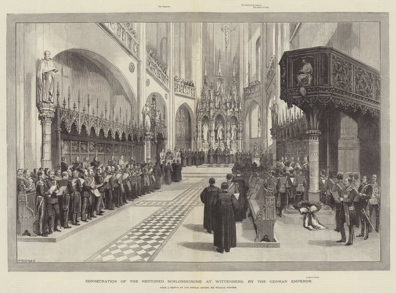 Wittenbergin kunnostetun Schlosskirchen vihkiminen Saksan keisarin toimesta tekijältä William Crimea Simpson