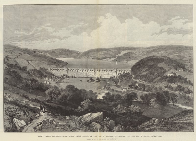 Vyrnwy-järvi, Montgomeryshire, Pohjois-Wales, joka muodostuu New Liverpoolin vesilaitosta varten rakennetusta muuratusta padosta. tekijältä William Crimea Simpson